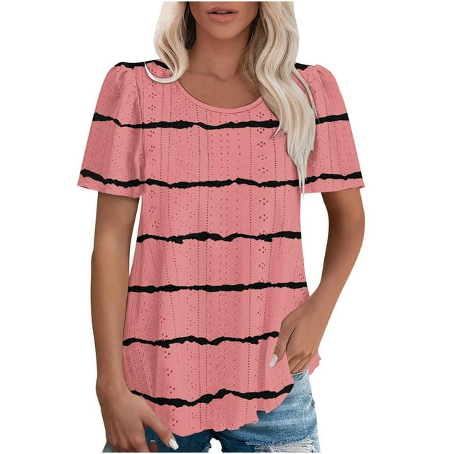 Plebaso T-shirts à Oeillets pour Femmes, Rayés, Manches Courtes, Décontractés, Col Ras du Cou, Mode Été, Chemisiers, Hauts