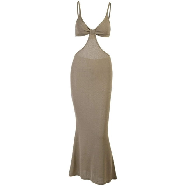 Dress, Women Solid Color Cutout Spaghetti Straps Backless Cotton Bodycon Maxi for Banquet