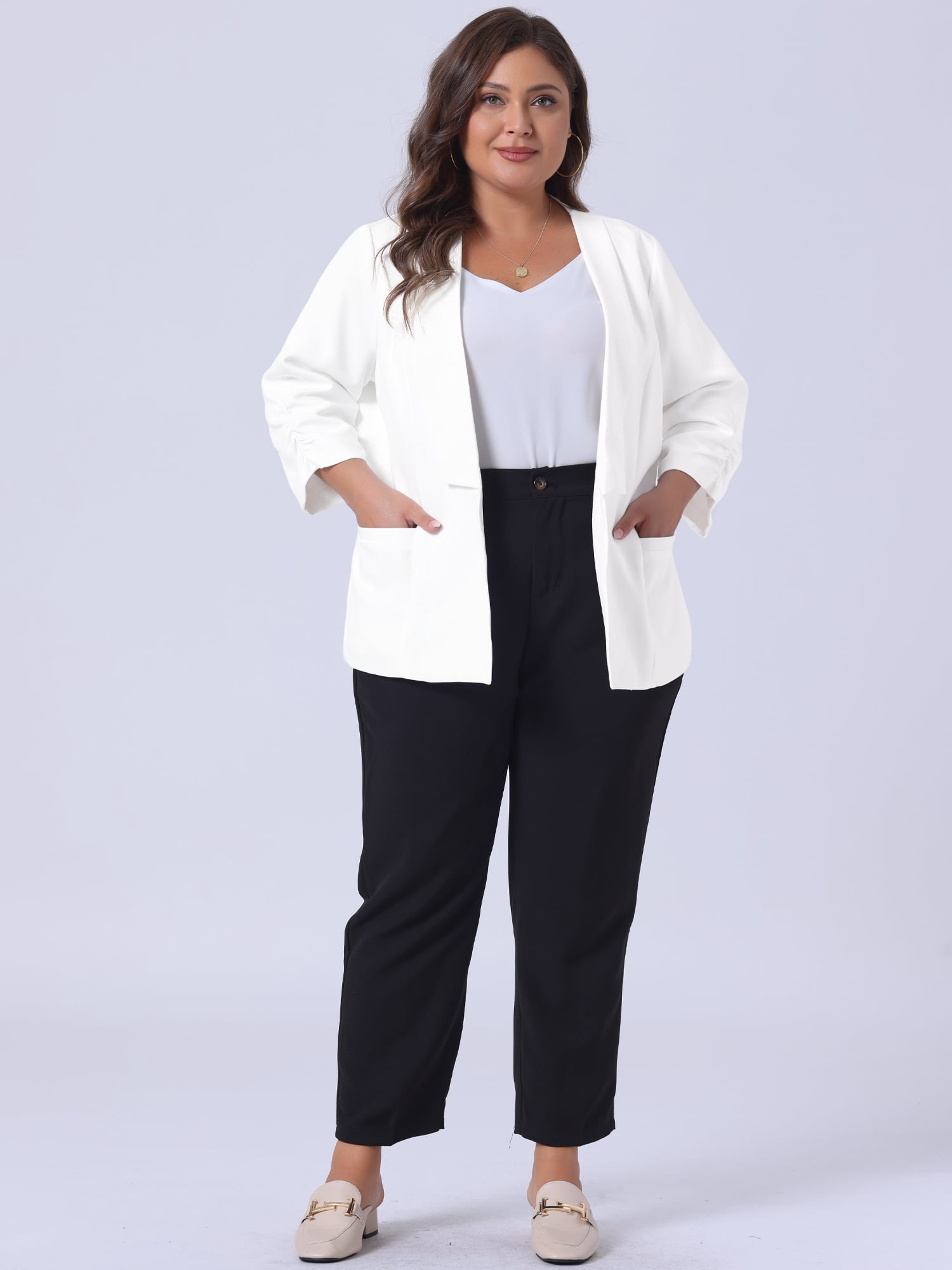 DARING DIVA Women's Plus Shawl Collar 3/4 Ruched Sleeve Blazers White 4X