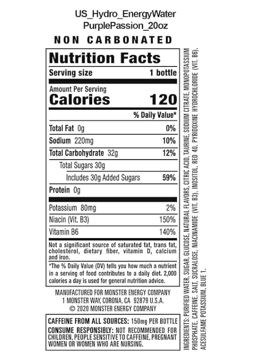 Monster Hydro Energy Water, Purple Passion, Advanced Hydration, 12 Pack, 20 fl oz