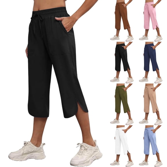 Capri Pants for Women Ihhxva 3/4 Length Solid Color Elastic Waist with Pockets Adjustable Summer Vacation Athletic Beach Cropped S-3XL
