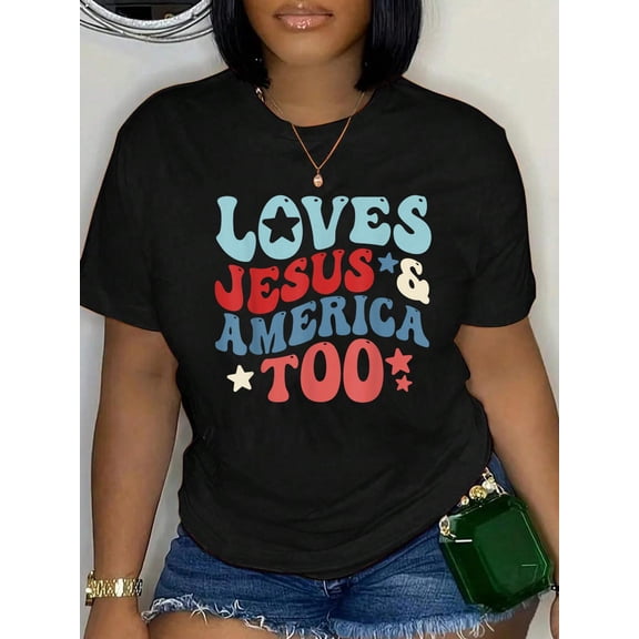 Cotton Loves Jesus and America Too 4th of July Groovy God Christian T-Shirt Women's Graphic Tee Casual Tops