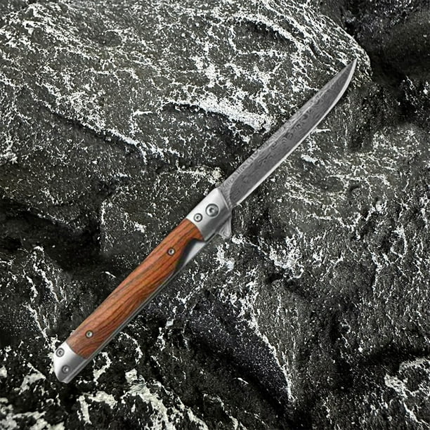 Navaja de Bolsillo de Damasco, Cuchillo de Supervivencia, Cuchillo Plegable con Mango de Sándalo, Cuchillo Plegable para Exteriores.
