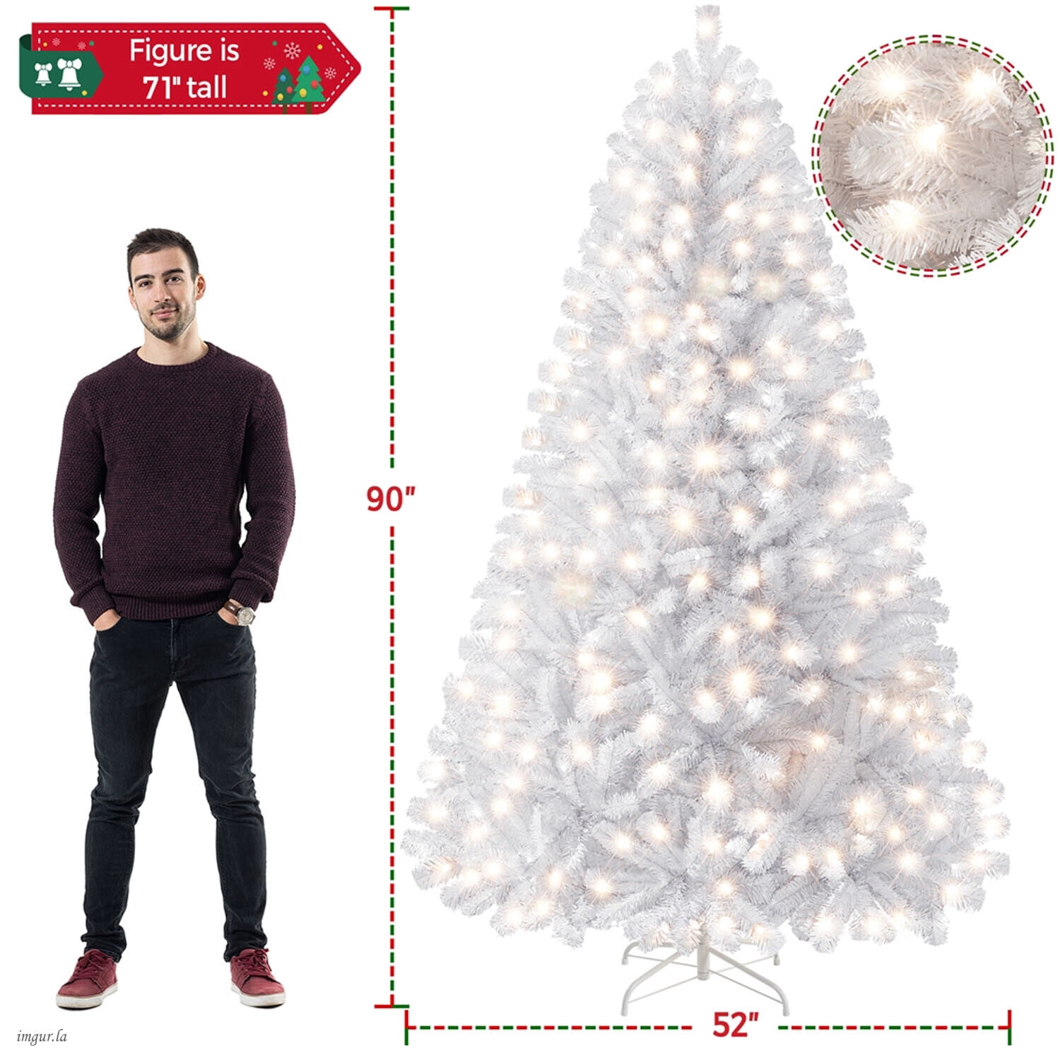 Alden Design 7.5FT Pre-lit Artificial Hinged Christmas Fir Tree with Stand and 550 LED Warm Lights,White