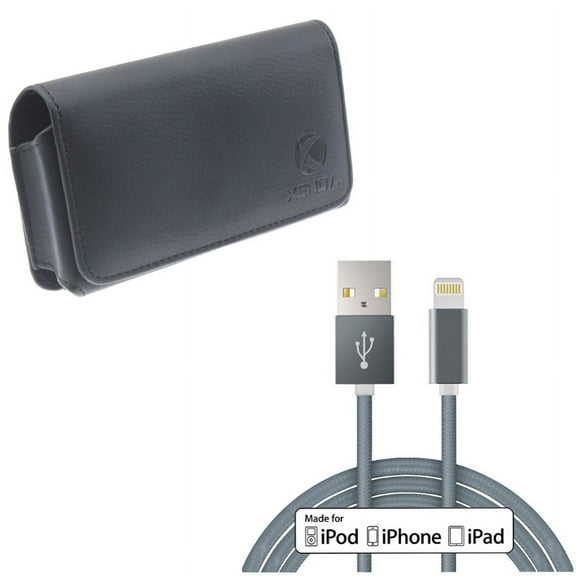 MFi USB Cable w Case Belt Clip for iPhone 8/7/6S/6 - 10ft Certified Charger Cord Power Wire, Leather Swivel Holster Loops Cover for iPhone 8/7/6S/6 Models