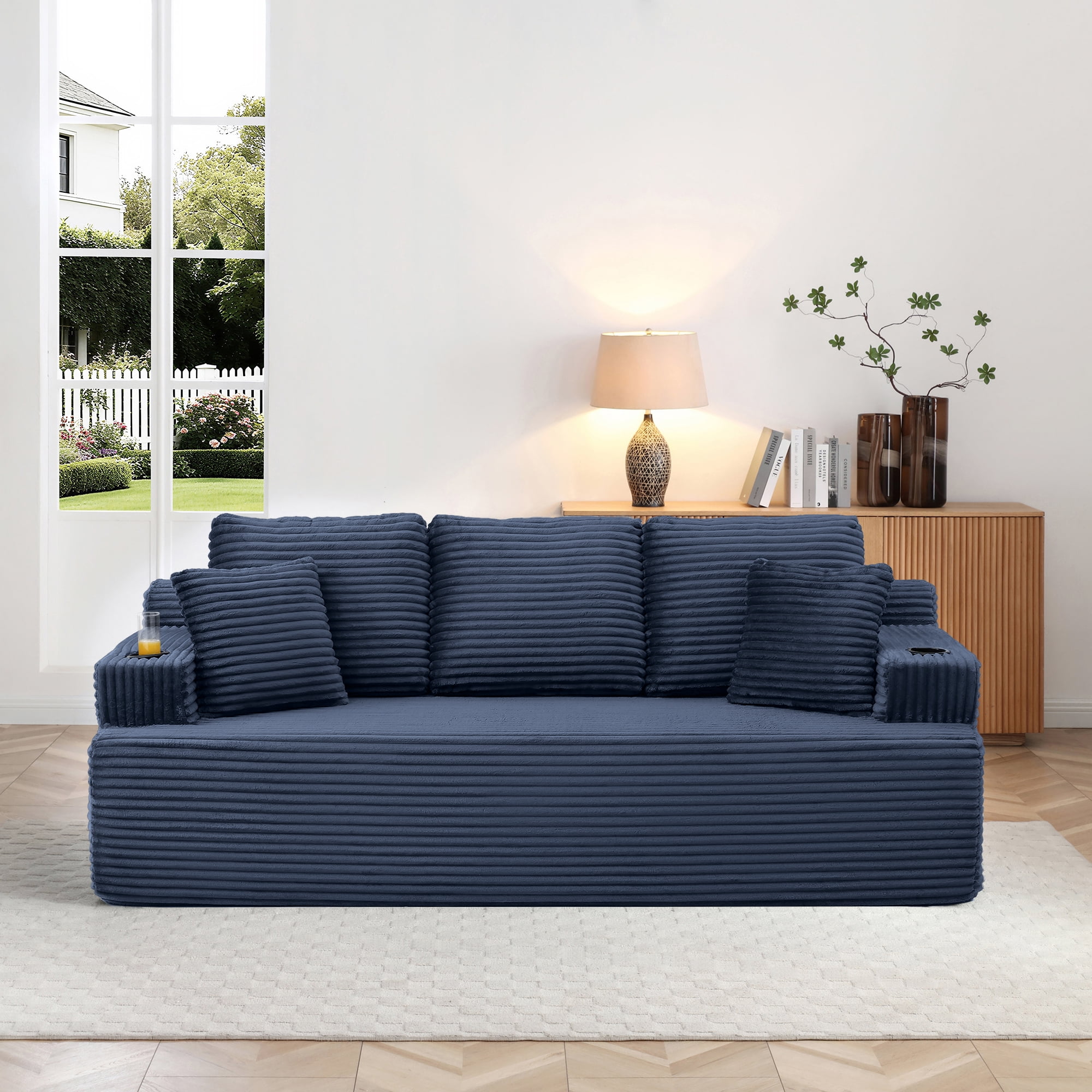 Boneless Sofa, 3-Seater Floor Couch with Cup Holders and Side Pockets, Corduroy Fabric No Assembly Sofa for Living Room or Dorm, 86.2 Inch, Blue