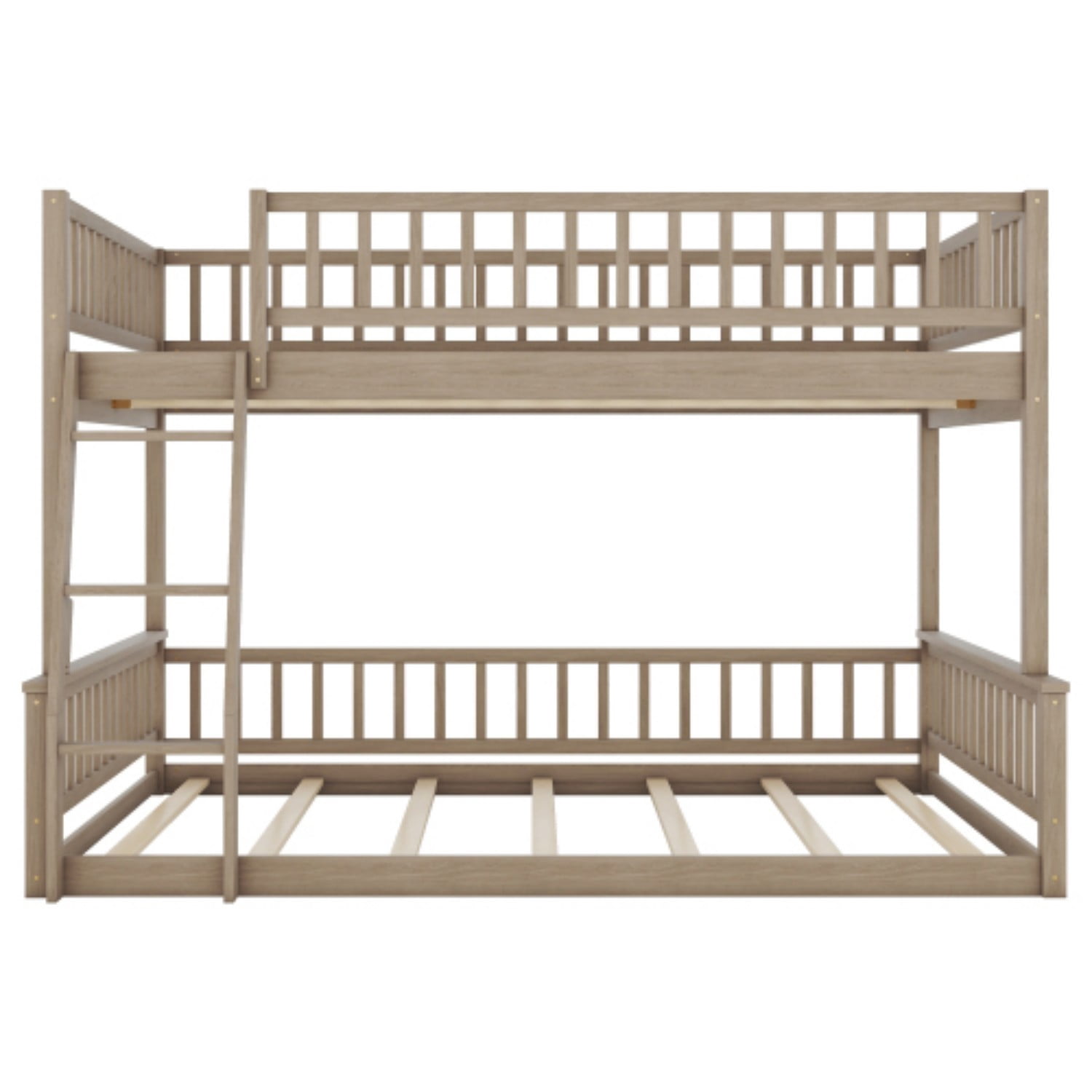 Full XL Over Queen Bunk Bed with Ladder, Convertible Wood Bunk Bed Frame with Safety Guardrails, Solid Pine Wood Space Saving Bed for Bedroom, Walnut