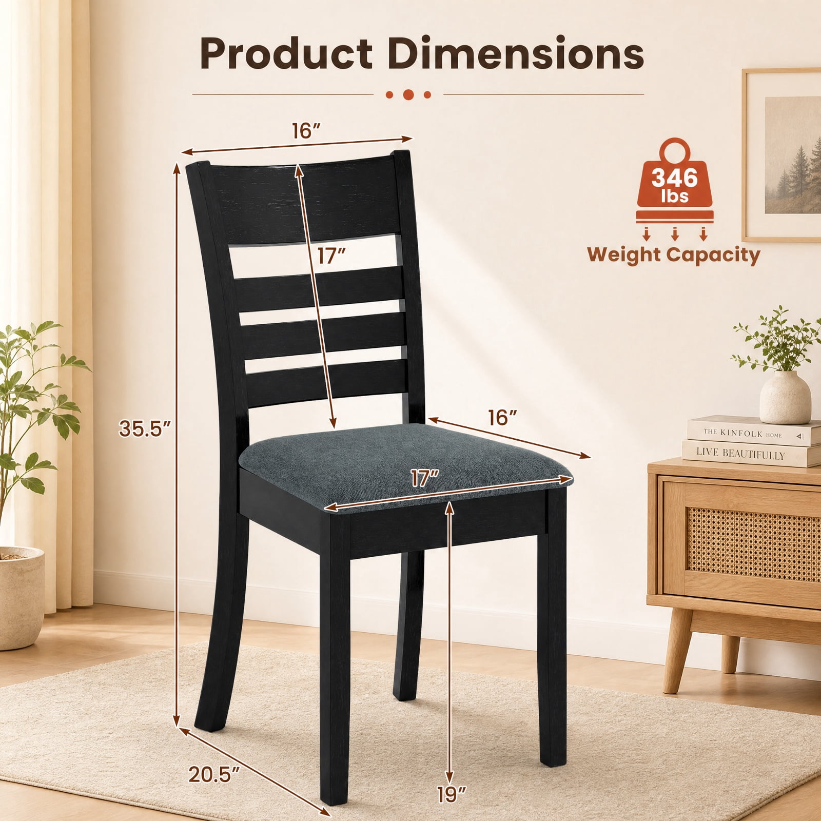Furnibear Upholstered Dining Chairs Set of 2 Kitchen Chairs with Rubber Wood Frame and Padded Fabric Seat for Dining Room, Black