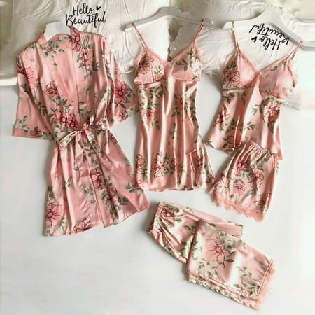 

Ykohkofe 5PC Sexy Lace Satin Robe Bathrobe Trousers Shorts Lingerie Set Pajamas Sleepwear