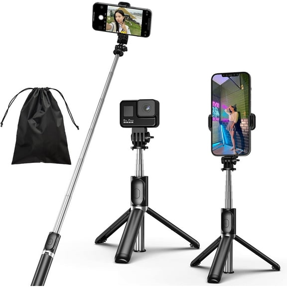REQO Selfie Stick, 4 in 1 Mini Selfie Stick Tripod, Extendable and Portable Stable Tripod Stand with Detachable Wireless Remote Compatible withiPhone 13/14/11/GoPro/Camera/Phone