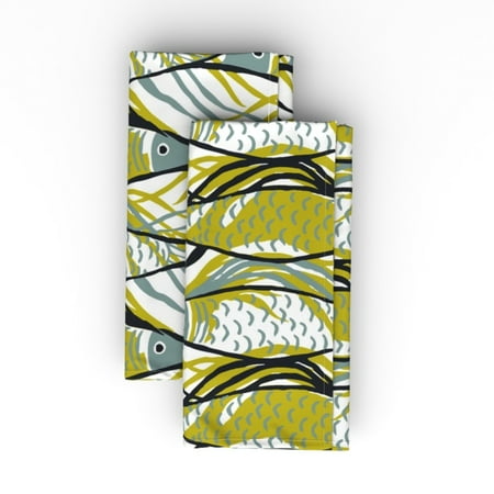 

Cotton Sateen Dinner Napkins (Set of 2) - Fish Olive Nautical Coastal Beach House Hand Drawn Midcentury Modern Ocean Ogee Summer Onefish2Fish Print Cloth Dinner Napkins by Spoonflower