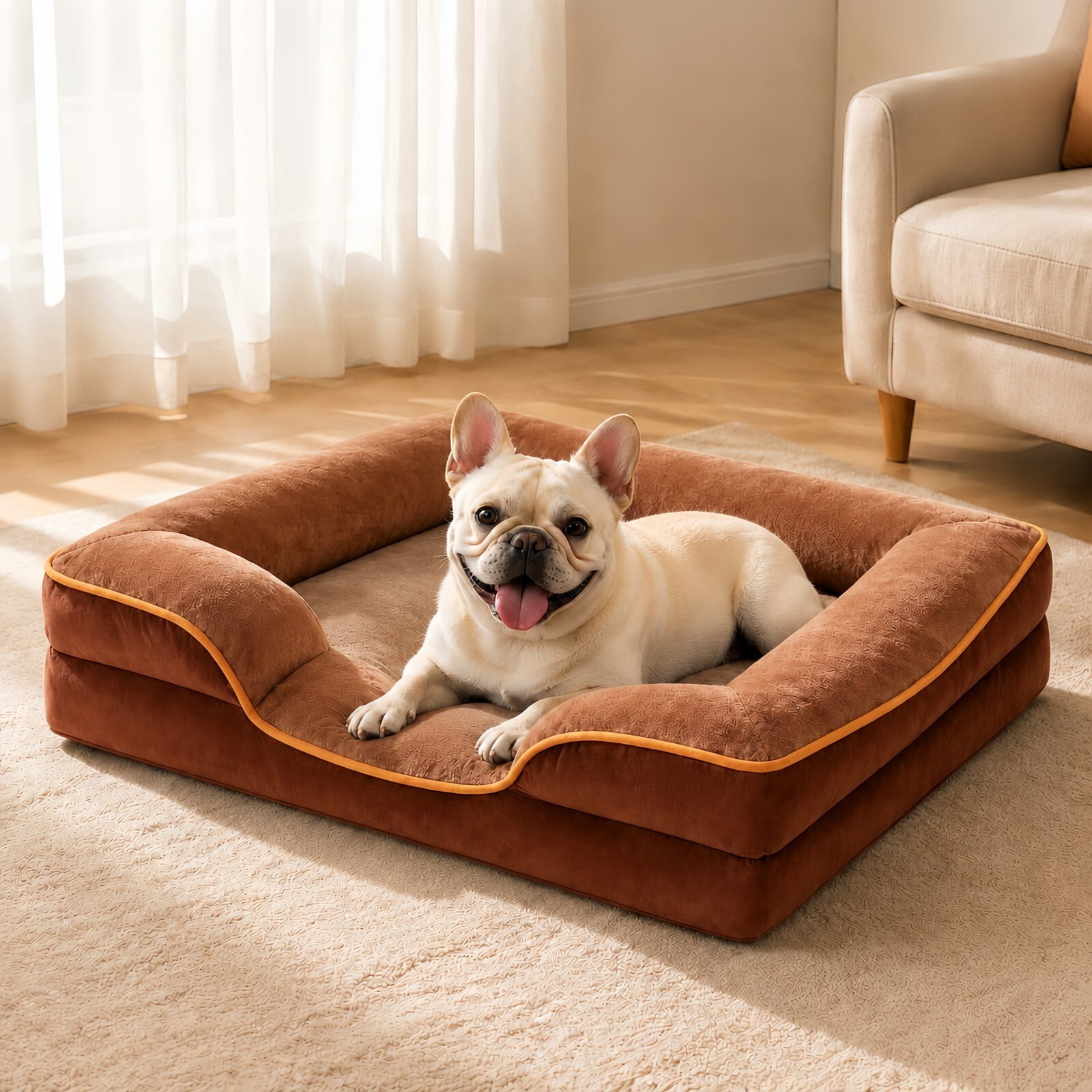 Kelno 35"x25" Orthopedic Dog Bed Supportive Egg Crate Foam Pet Couch Bed with Removable Washable Cover Anti Slip Bottom, Brown