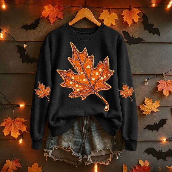 Yanchicy Spooky Season Sweatshirt Pullover for Women Crew Neck Maple Leaves Graphic Soft Lightweight Thin Fleece Loose Fall Halloween Clothes Long Sleeve Tops