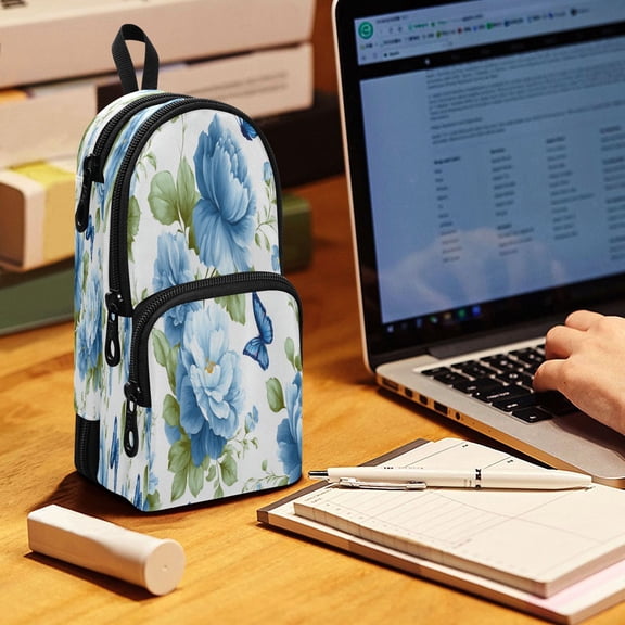 Backpack Pencil Case, 3 Compartment Large Capacity Oxford Fabric Pencil Pouch / Beautiful Blue Orchids and Butterflies