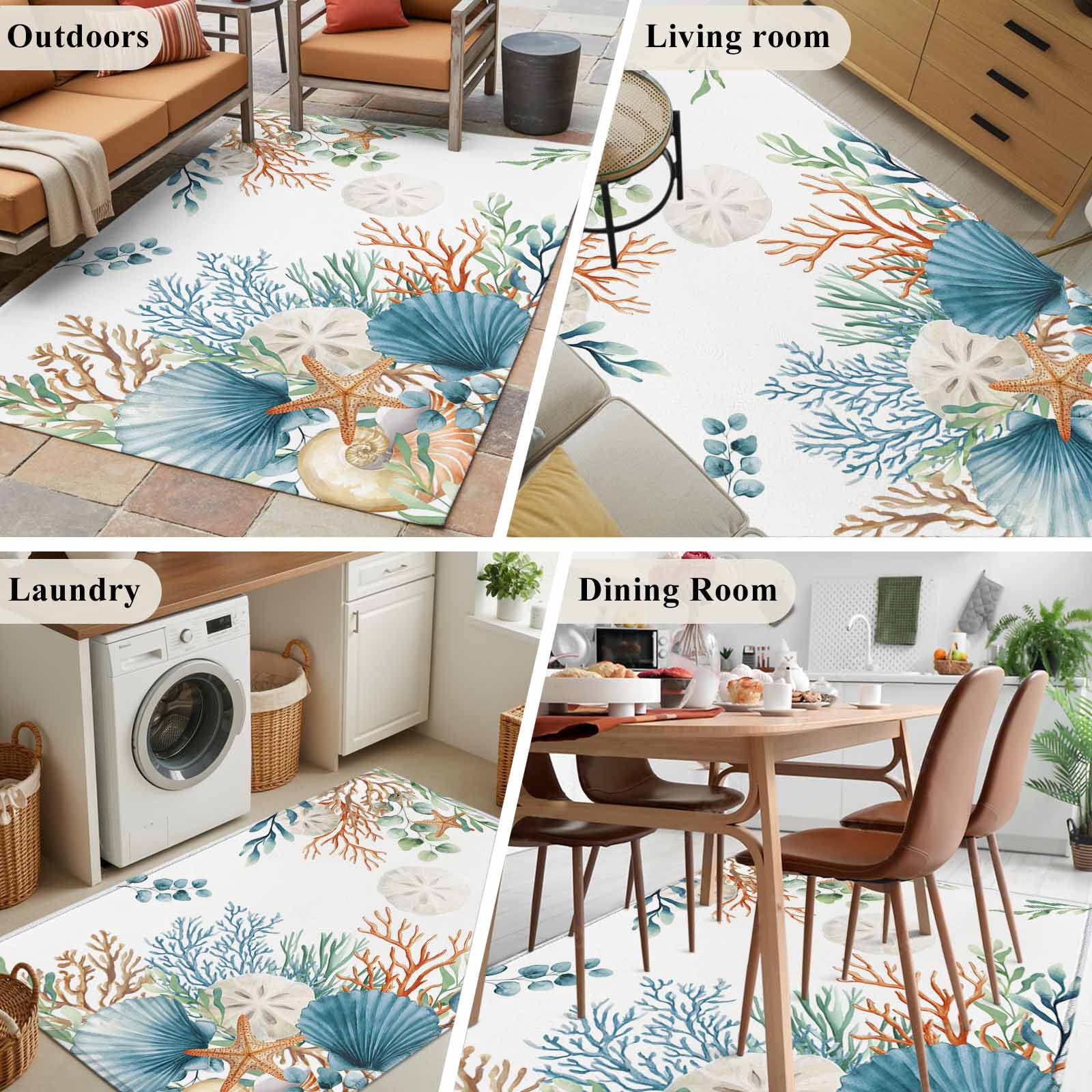 Rectangle Area Rugs 4 x 6 Ft, Beach Coastal Non-Slip Residential Carpet, Summer Nautical Coral Shell Botanical Indoor Crawling Mats Runner Rugs for Living Room/Dining Room/Bedroom
