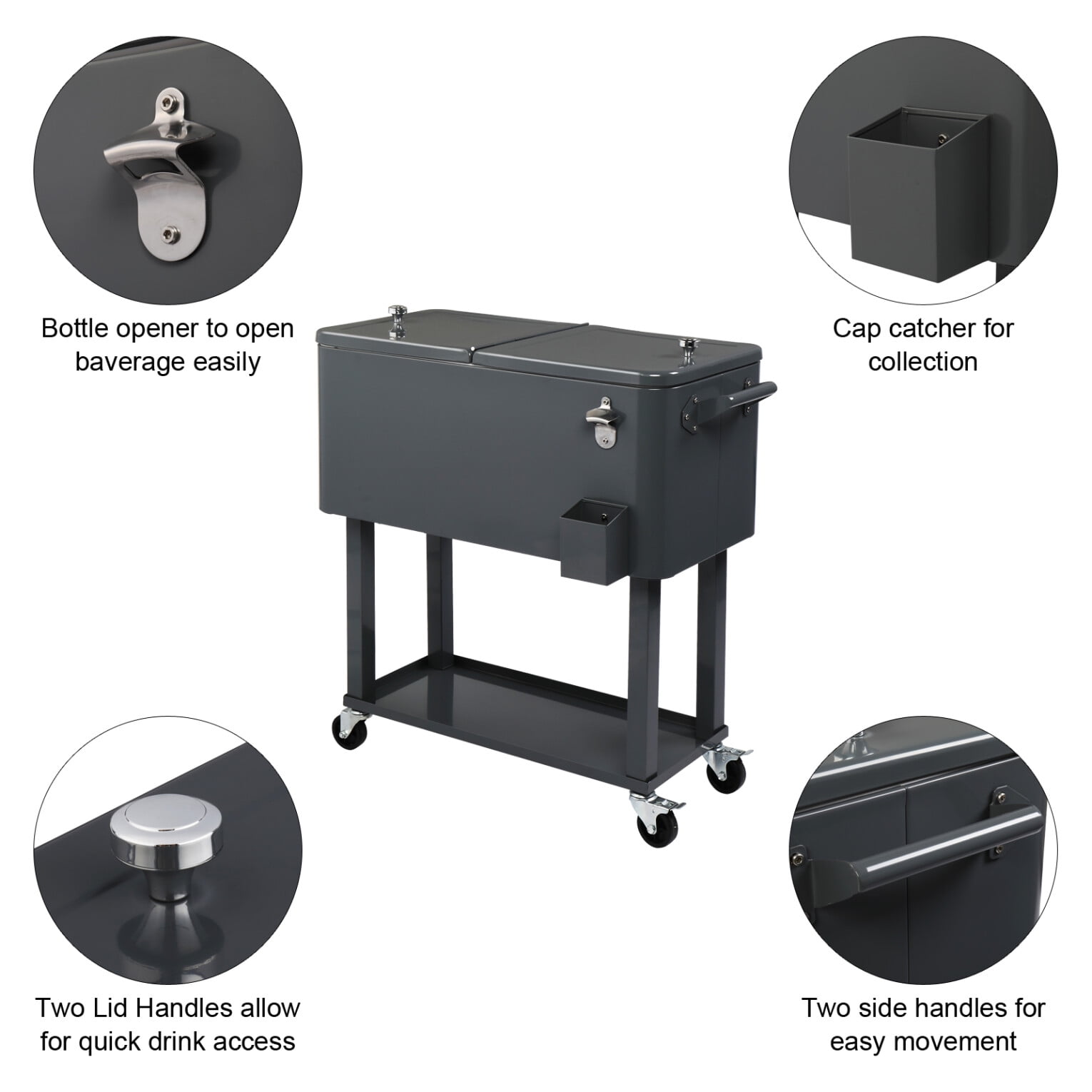 80QT Insulated Cooler Cart, Rectangular Plastic Refrigeration with Opener and Cap Catcher, 2 Side Handles, Cooling 48 Hours, for Outdoor, Dark Grey