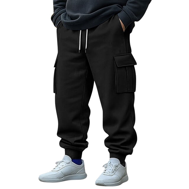 Moxiu Pantalon Cargo d'Hiver pour Homme à Multiples Poches, Extensible, à Cordon, Décontracté, de Randonnée, Joggers, Noir, P