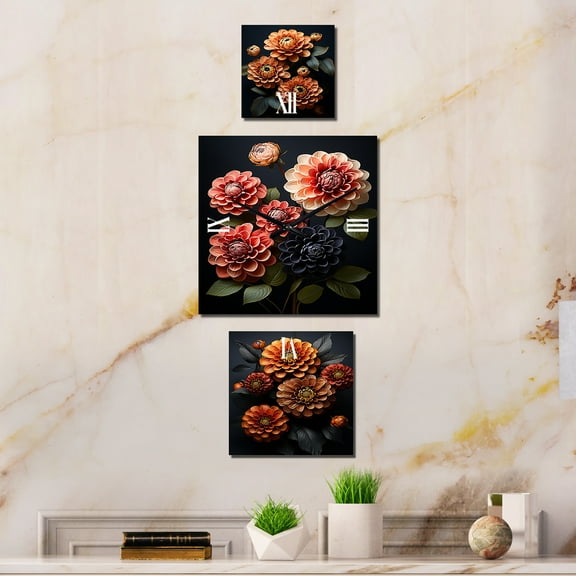 Designart "Zinnias Emerging from Shadows" Zinnias Oversized Wall Clock - Set Of 3 - Extra large Clock For Office Décor - Large Traditional Wall Clock