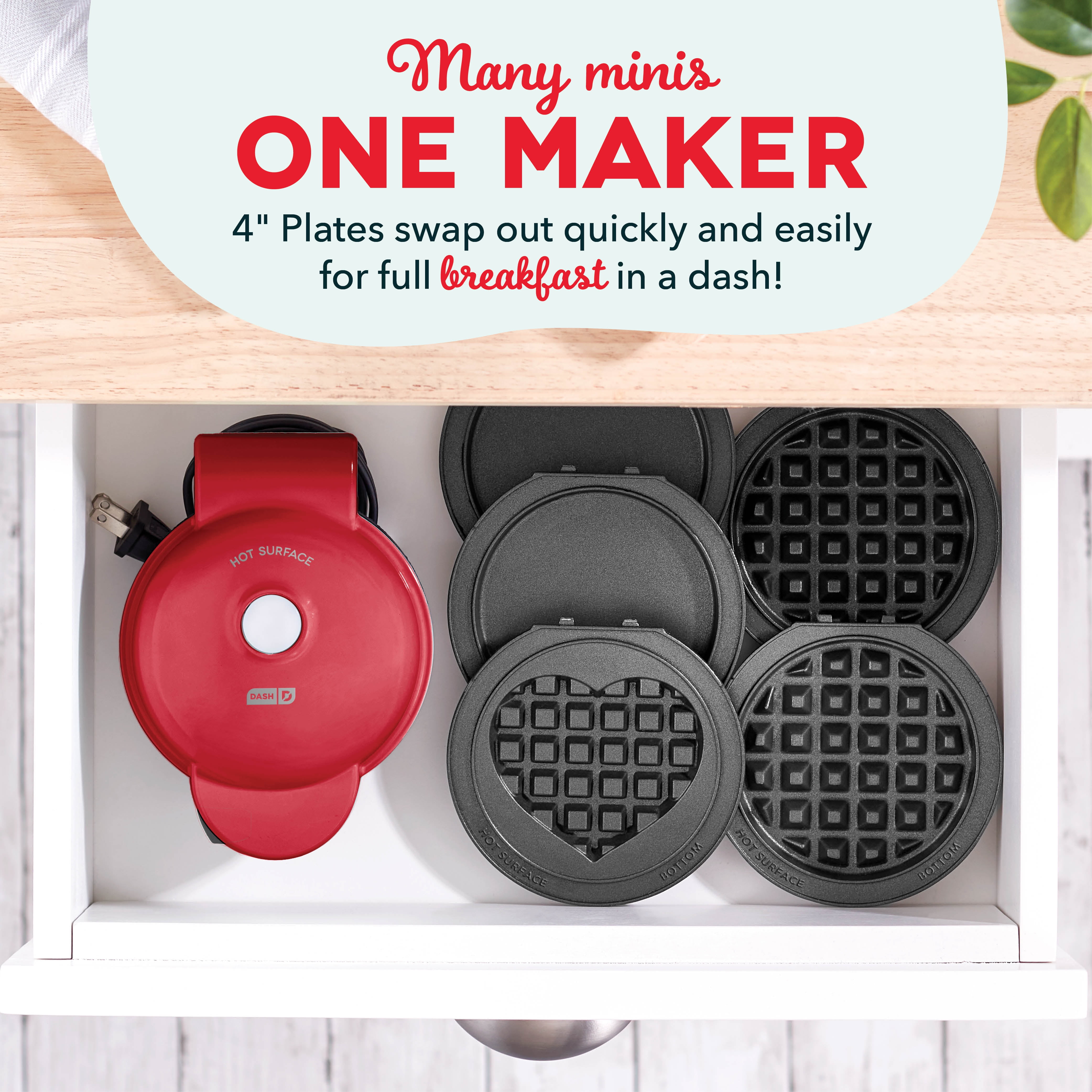 Dash Multimaker Mini System - Waffle Maker with Five 4” Removable Plates: Waffle Iron & Griddle, 4-in-1 Mini Waffle Maker for Kids and Families, Red