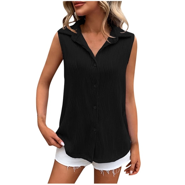 FAIWAD Women Sleeveless Button Down Tank Tops Textured Collared Blouses Loose Casual Shirt Basic Summer Tops