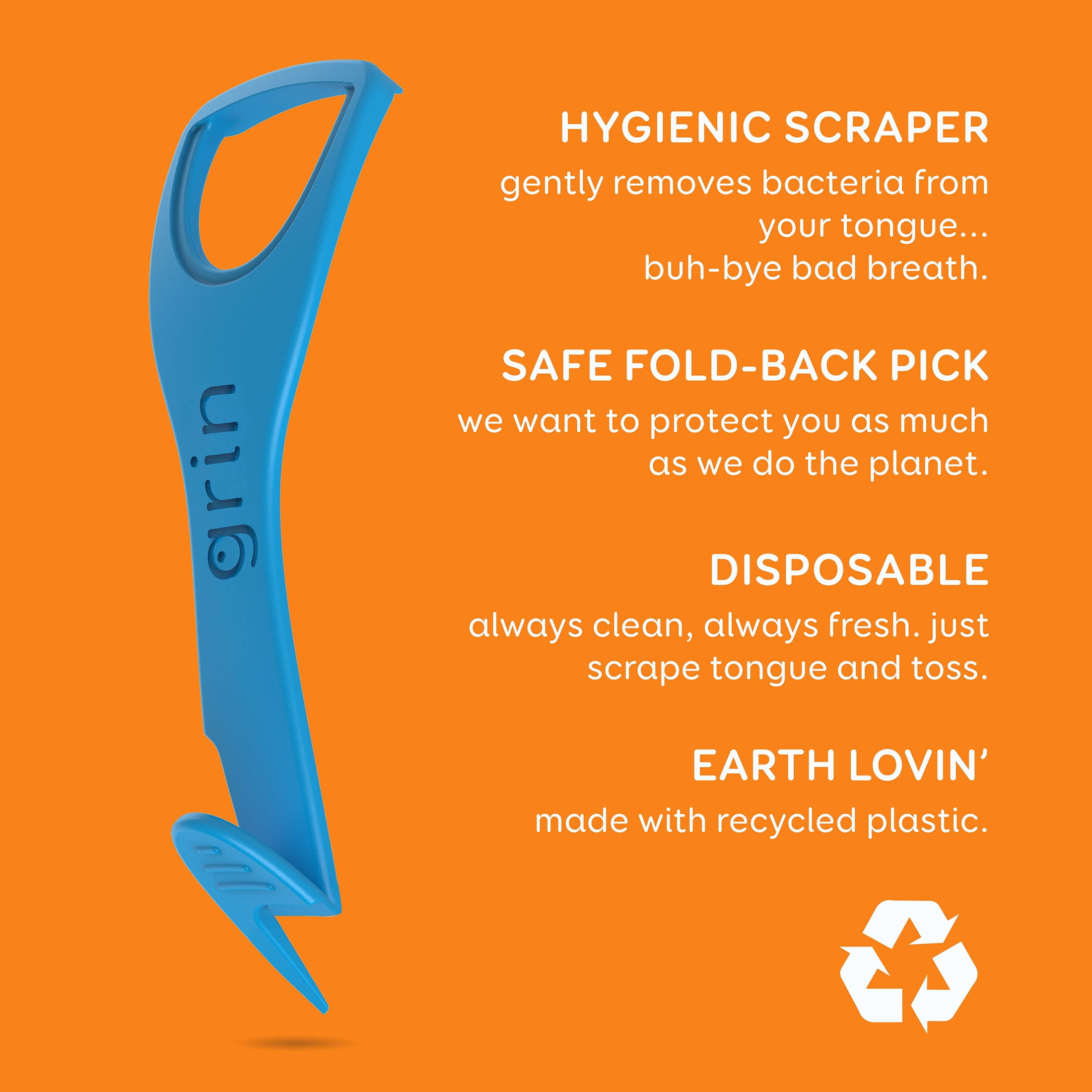 Grin Tongue Cleaner - 32 ct - Disposable, Hygienic Scraper, Made with Recycled Plastic, Safe Fold-Back Pick, Promotes Fresh Breath