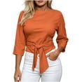 thumbnail image 2 of SSZMDLB Women 3/4 Sleeve Tie Front T-Shirts Round Neck Casual Summer Tops Solid Basic Tee Shirt Comfy Vacation Outfits Knotted Front Workout Clothes, Red L, 2 of 5