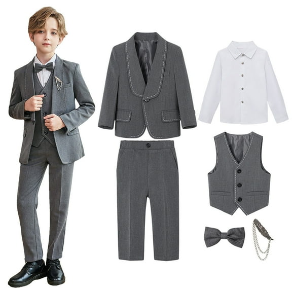 Eltusu Boys Outfit Sets, Formal 4 Pieces Long Sleeve School Uniform Set Gray Size 10-12 T