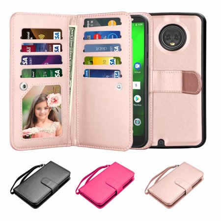 Moto G6 Case, Njjex [Wrist Strap] Luxury PU Leather Wallet Flip Protective Case Cover with Card Slots and Stand for Moto G (6th Generation) - Rose