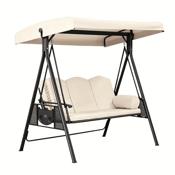 XIBUFE 3 Seat Outdoor Porch Swing Convertible Patio Swing Bed with Cup Holder Adjustable Canopy Stand Garden