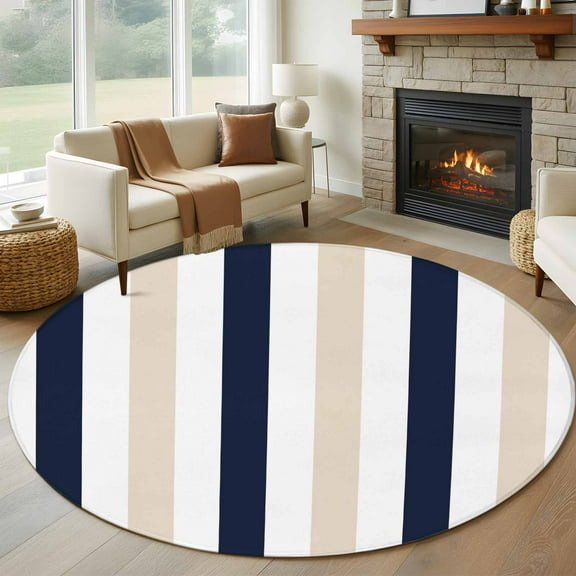 Beige Navy Blue Striped Round Area Rug 5 FT, Non Slip Bedroom Area Rug, Farmhouse Stripe Art Washable Soft Circular Carpet Non-Shedding Floor Mat for Kitchen Dining Room Foyer Balcony Dorm