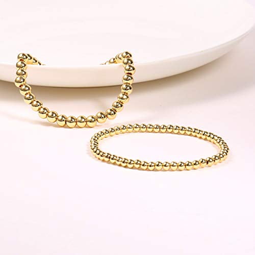 Gold Beaded Bracelets for Women,14K Gold Plated Bead Ball Bracelet Stretchable Elastic Bracelet 