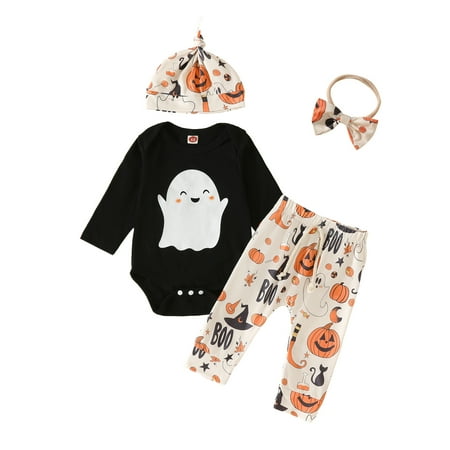 

Baby Girls 4PCS Pants Sets 3M 6M 12M Black Long Sleeve Romper Ghost Pumpkin Print Pants Hat Headband Sets