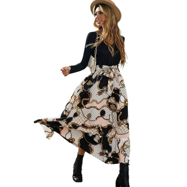 Vestido maxi largo y liso de manga larga para mujer, vestido informal con cuello en V estampado y empalme