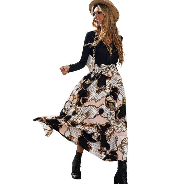 Vestido de mujer de manga larga, suelto, liso, largo, largo, casual, empalme, estampado, cuello en V, vestido Zhivalor BST3001969-4