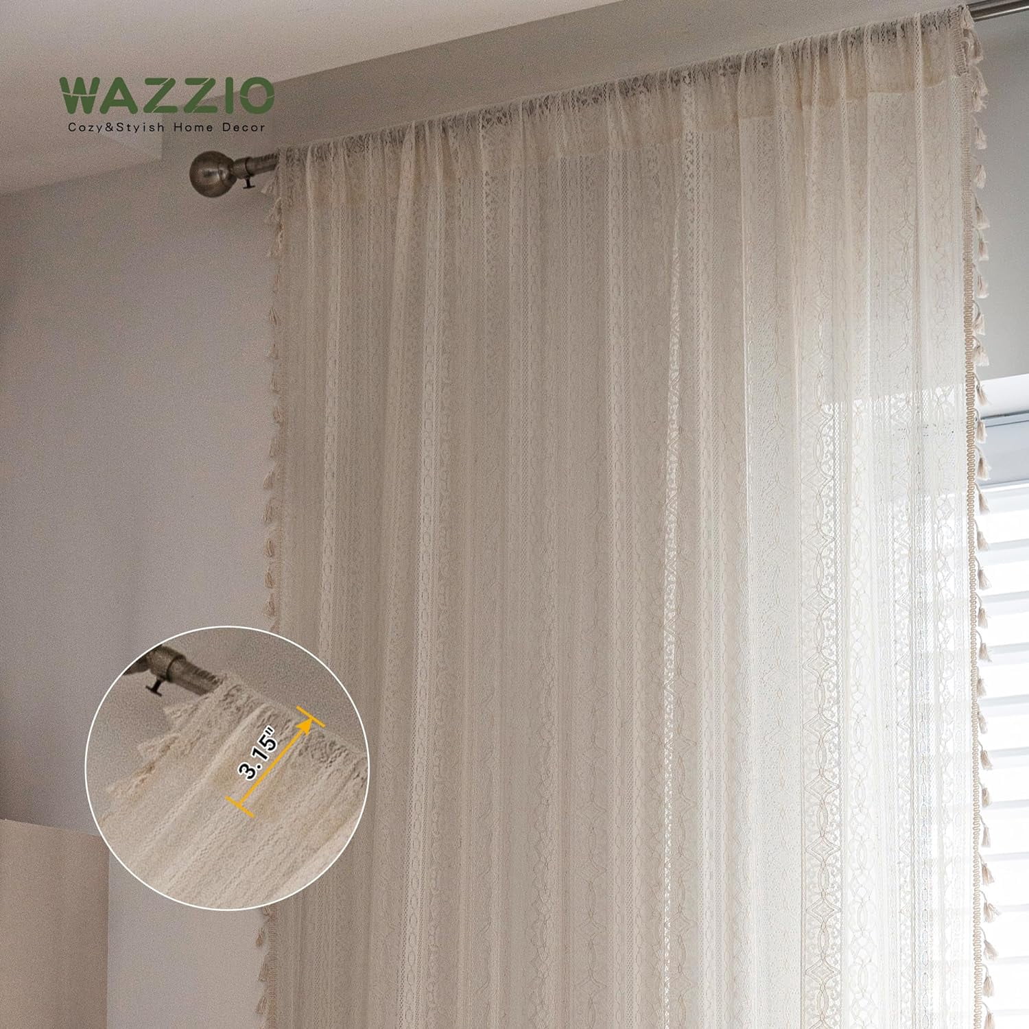 Boho Tassel Crochet Curtains for Living Room,Vintage Rod Pocket Bohemian Curtains Geometry Striped Knitted Lace Light Filtering Curtains for Bedroom Bay Kids Beige Knitted Lace 02 150*200cm
