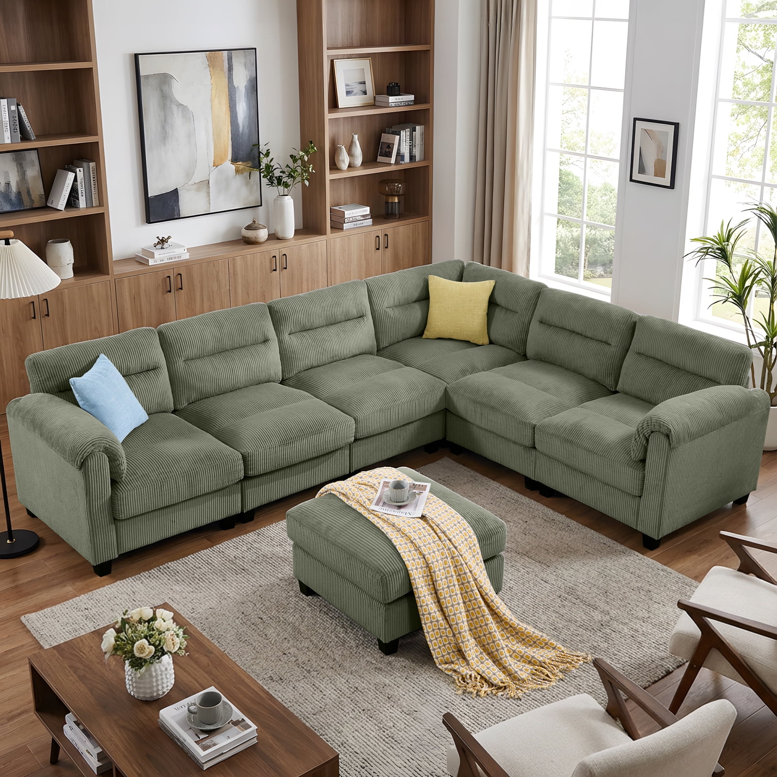 Bonzy Home Convertible Sectional Sofa Couch for Living Room With Ottoman Green