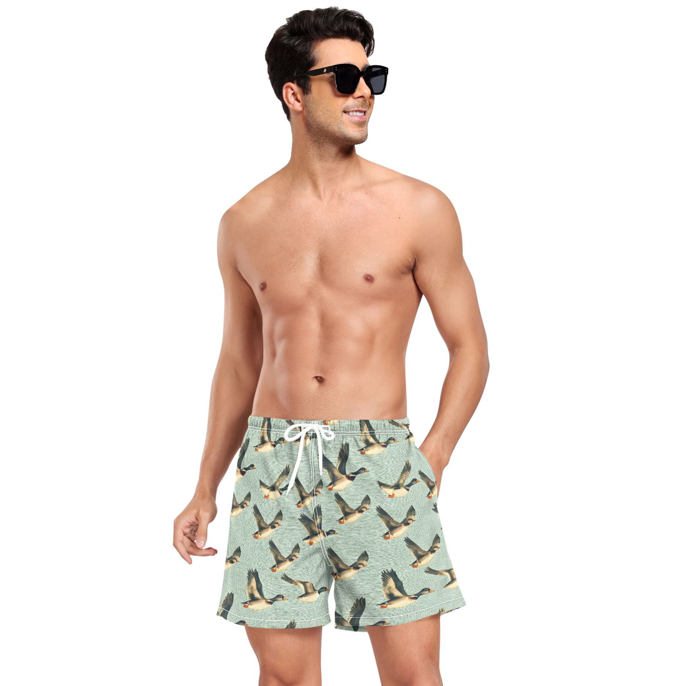 joogoo Men's Ducks Flying Swim Trunks with Liner Pocket Beach Shorts L