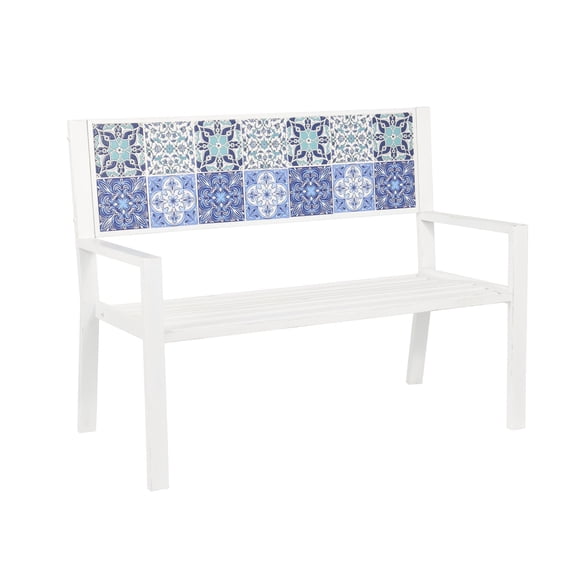 DecMode Metal Floral Scroll Mosaic Outdoor Bench with Blue and Teal Patterns, White