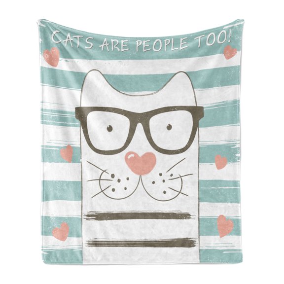 Animal Soft Flannel Fleece Throw Blanket, Hipster Cartoon Cat with Glasses Hearts and Stripes and Writing Artwork, Cozy Plush for Indoor and Outdoor Use, 70" x 90", White Blue and Pink, by Ambesonne