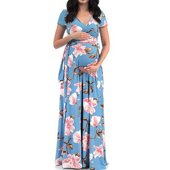 LoyisViDion Womens Maternity Dresses Plus Size Dress V-Neck Short-Sleeved Belt Printed Maternity Dress for Women Blue XL