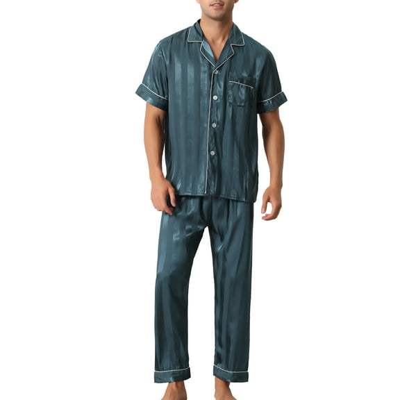 Unique Bargains Men Striped Satin Button Down Short Sleeve Long Pants Pajama Set M Blue