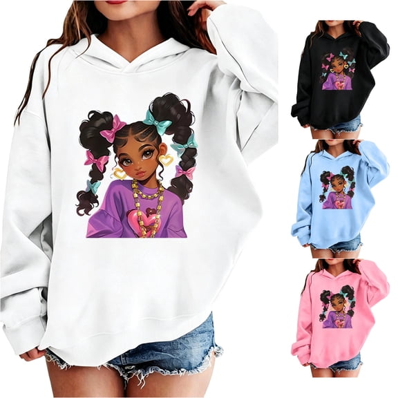 WhouRiu Girls Cartoon Graphic Hooded Sweatshirts Kids Autumn Casual Pullover Hoodies