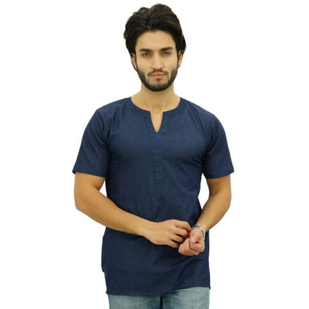 

Atasi Men s Casual Short Kurta Indian Tunic V-Neck Denim Shirt-Small