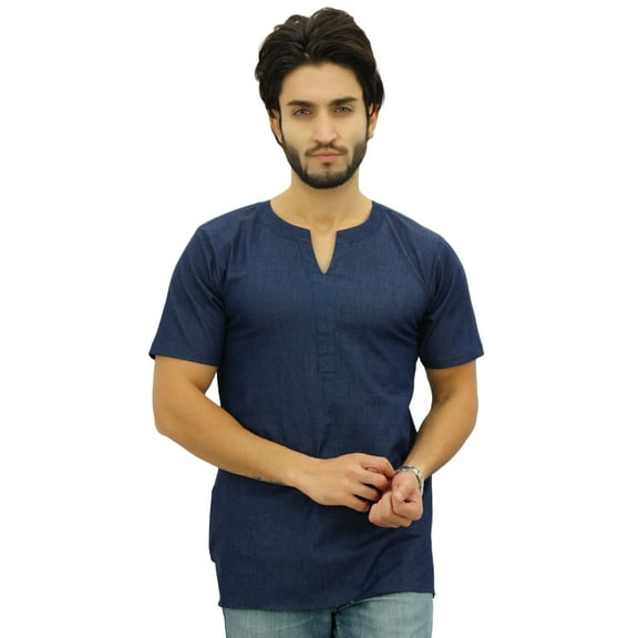 Atasi Men's Casual Short Kurta Indian Tunic V-Neck Denim Shirt-Small