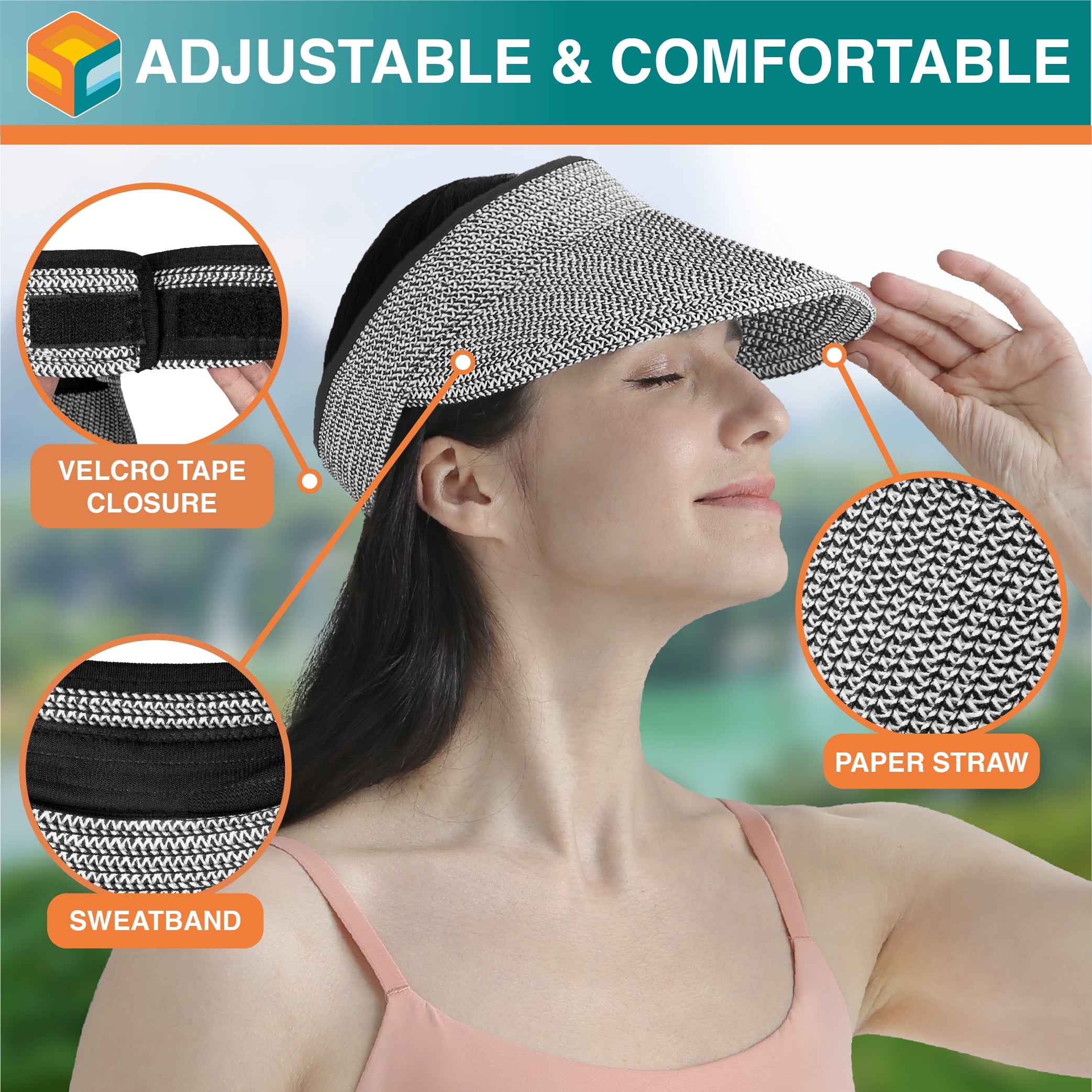 Women\'s Raffia Sun Visor Hat, Packable Wide Brim Beach Visor Ponytail Hat UV Sun Visor Hats for Women Wide Brim Straw Visors Womens  main image 2