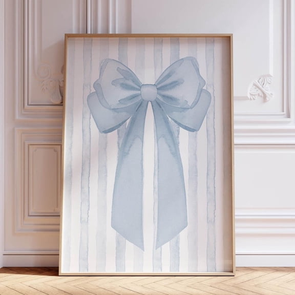 Blue Bow Wall Art Coastal Cowgirl Decor, Light Blue Wall Art Watercolor Style Print Baby Girl Nursery Decor, Trendy Wall Art Blue Prints For Dorm UNFRAMED