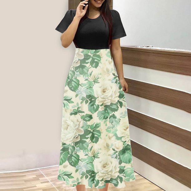 Puntoco Vestido De Mujer De Manga Corta Con Estampado Floral Estilo Resort Falda Larga De Manga Corta Y Cuello Redondo Negro Xxl,Regalos Para Mujer Joven