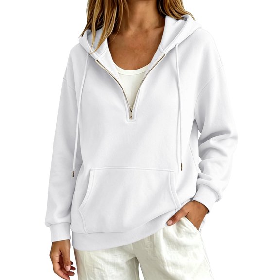 Women's Hoodies Long Sleeve Drawstring Pullover Half Zip Up Solid Color Drop Shoulder Sweatshirts with Pocket