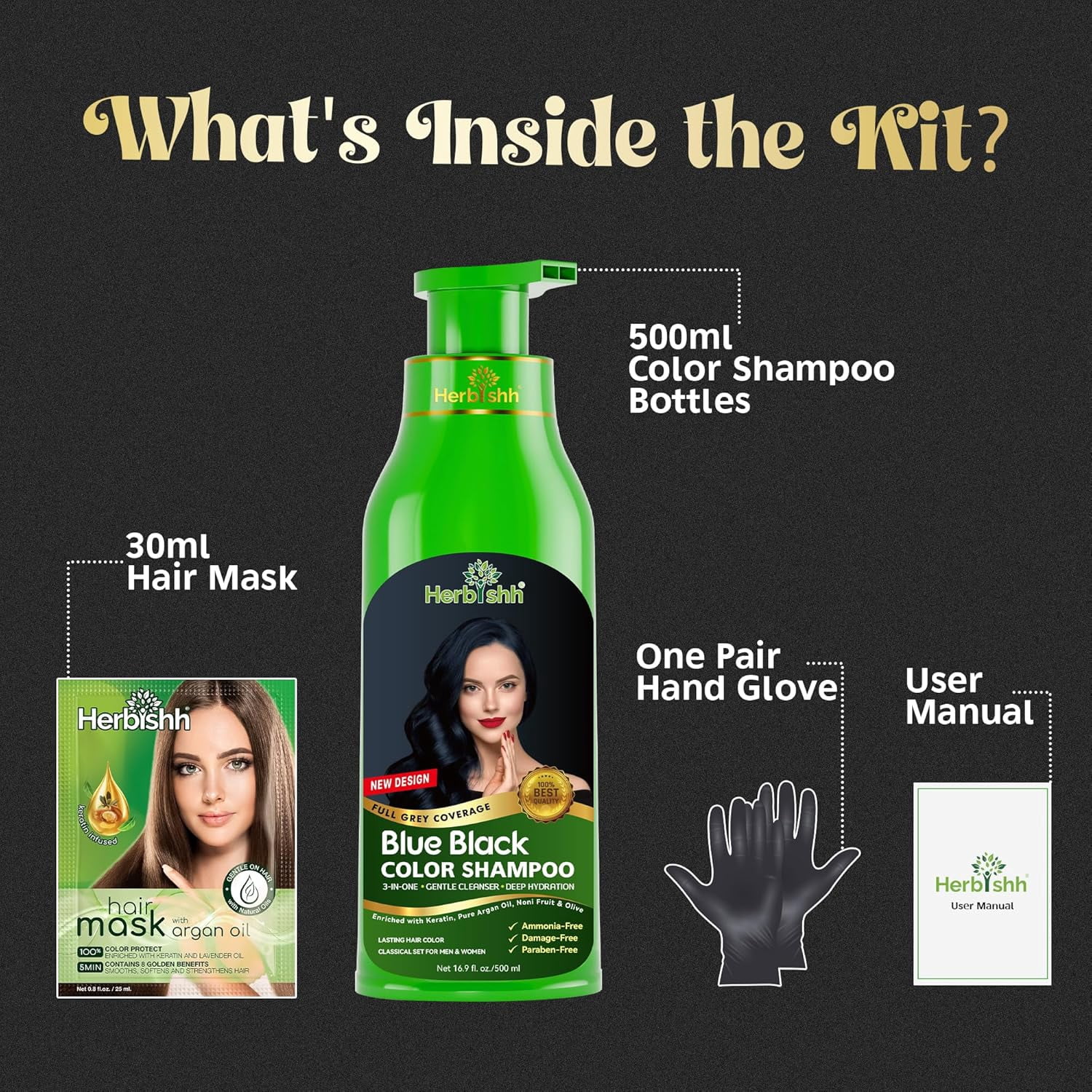 Herbishh Blue Black Hair Dye Shampoo 500ml, Color Shampoo for Grey Hair, 3-in-1 Natural Hair Dye, Ammonia-Free Formula, Hair Color for Women & Men