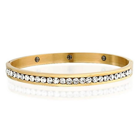 Cubic Zirconia Stainless Steel Bracelet (Channel Set White Cubic Zirconia CZ Stackable Bangle Bracelet For Women Prom Weddings Gold Plated Stainless)
